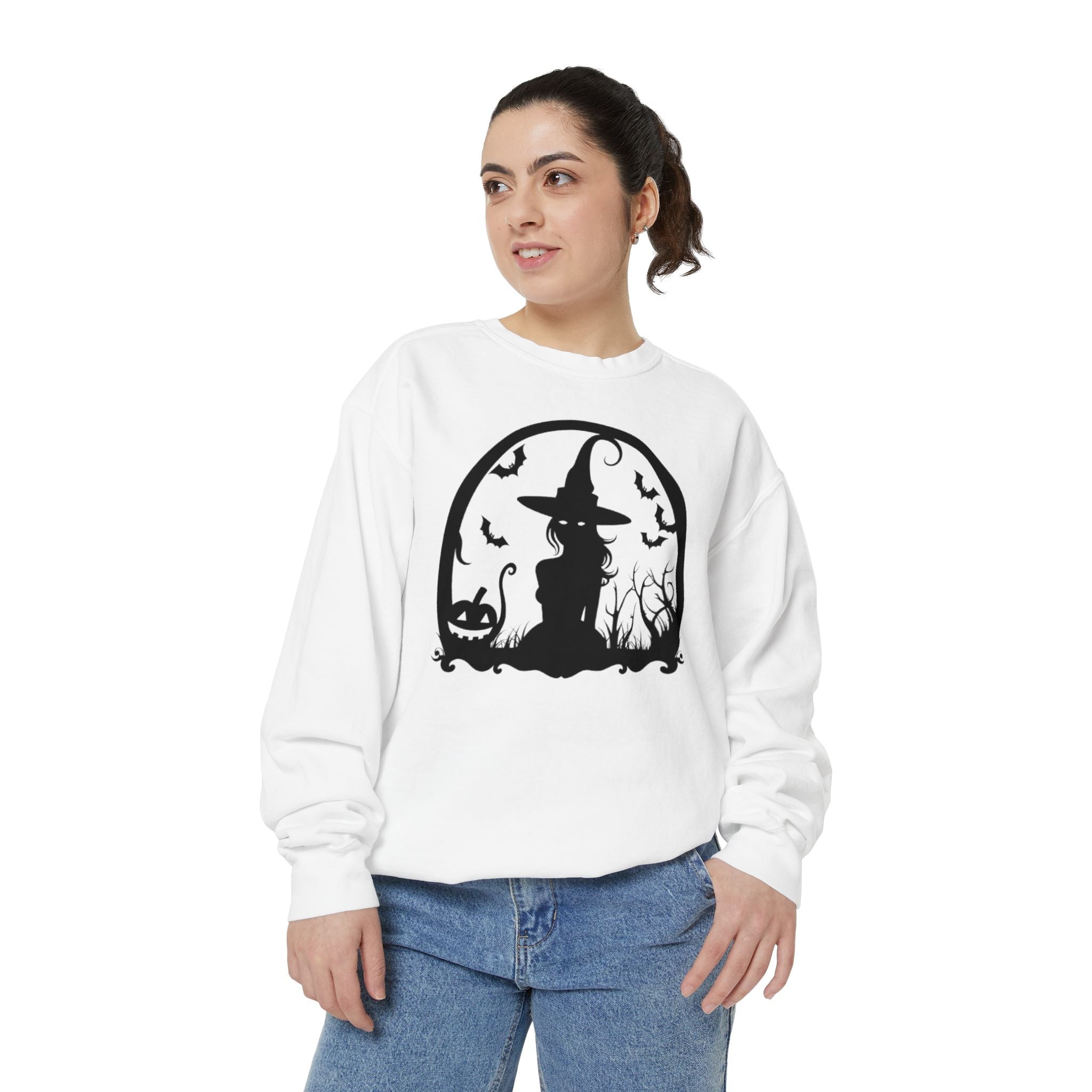 Charming Halloween Sweatshirt, Cozy Witch Design, Unisex Garment-Dyed Hoodie, Fall Fashion, Spooky Season Wear, Trick or Treat Gift