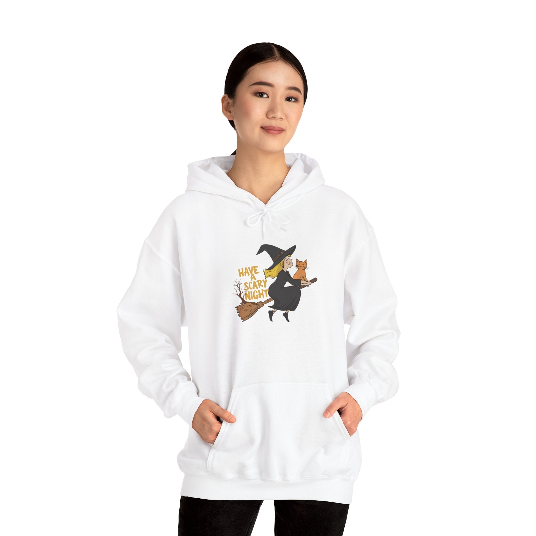 Halloween Witch and Cat Hoodie, Cozy Fall Sweatshirt, Scary Night Apparel, Unisex Ghostly Sweatshirt, Cute Halloween Gift